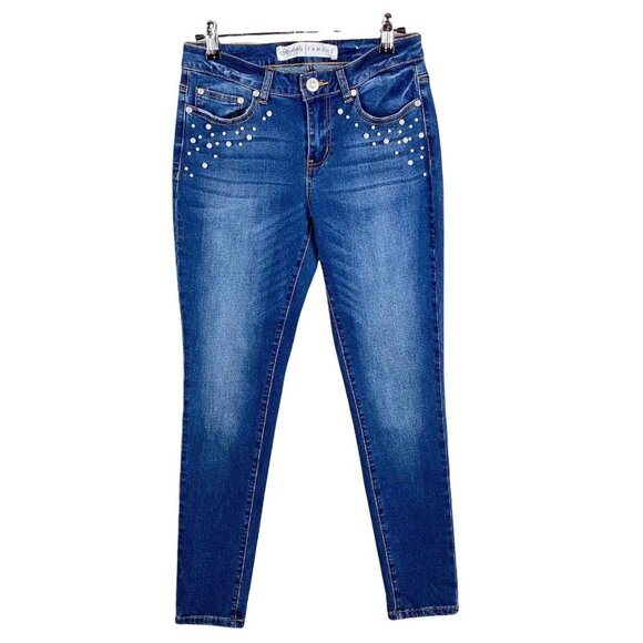 Absolutely Famous‎ Skinny Jeans Womens 4 Blue Medium Wash Embellished Pearl - Picture 1 of 7